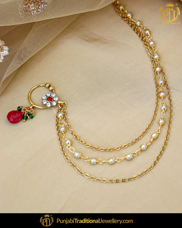 Gold Finished Rubby Kundan Without hole Nose Pin with Chain | Punjabi Traditional Jewellery Exclusive